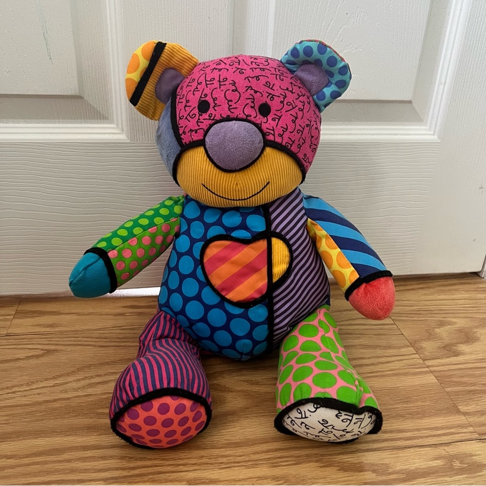 Romero Britto 2010 Tallulah Colorful Patchwork Heart Bear Plush Stuffed Animal